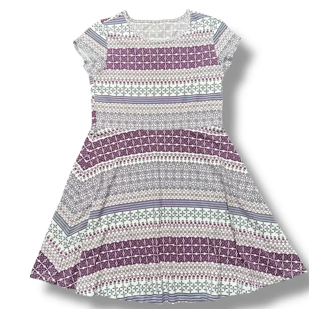 Childrens Place Girls T Shirt Dress Geo Print Purple Pink Fit and Flare XL